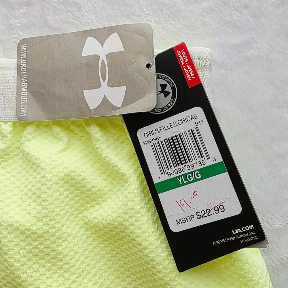 New Under Armour Girls Shorts YLG Yellow Loose Fit HeatGear Drawstring Athletic